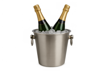 Champagne bottles chilling in an ice bucket, celebrating with sparkling wine, refreshing party drinks
