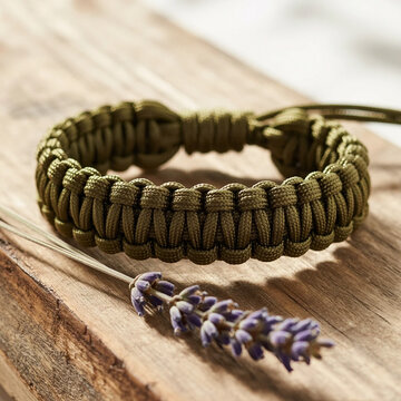 Olive green paracord survival bracelet on rustic wooden surface