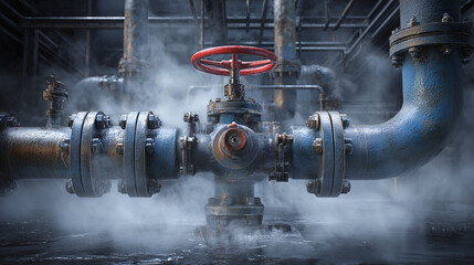 Industrial pipes and valves with vapor release, create the sense of tension 