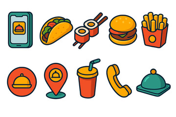 Food delivery flat icon set. Delicious, favorites, meal, snack icons flat collection