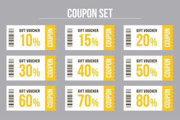 Set of discount coupon ticket. Various coupon promotion illustration. Shopping Discounts.