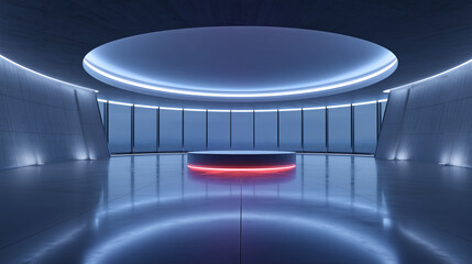 Blue Futuristic Hall with Circular Lights and Central Platform