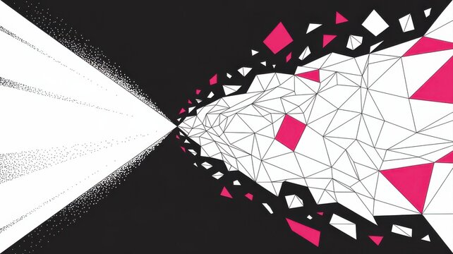 Dynamic geometric explosion of white and pink shapes against a stark black background, radiating energy and modern design innovation.