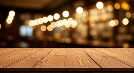 Cozy restaurant ambiance with wooden table foreground and warm bokeh lights background