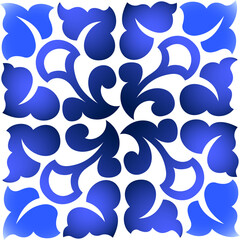Traditional rustic style design element. Monochrome blue floral ornament. Blue curved flowers and leaves. Vintage square mosaic tile