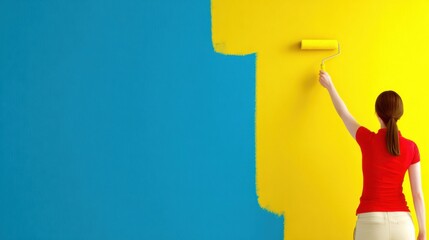 A person painting a wall in vibrant blue and yellow colors, showcasing creativity and home improvement.