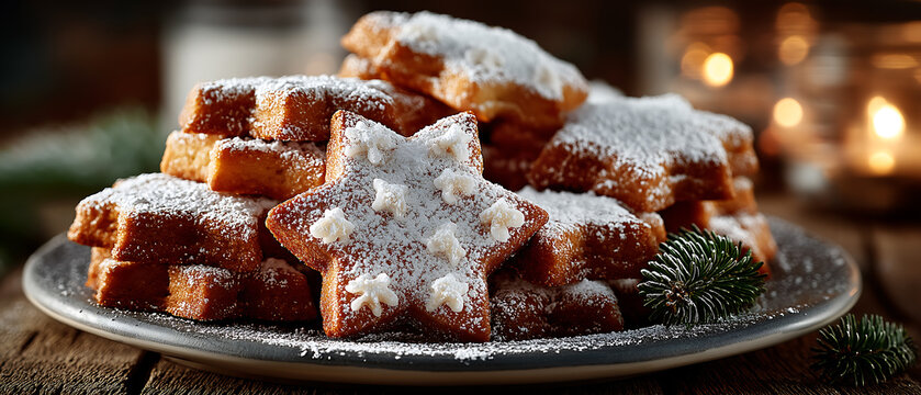 Star shaped christmas cookies with powdered sugar holiday baking treats