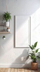 Blank white frame on a wall with plants and sunlight.