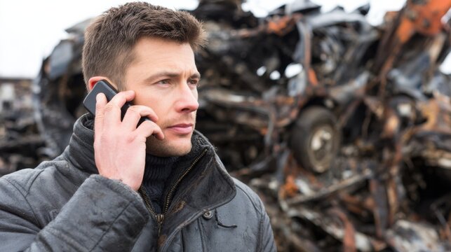 A man in a black jacket talks on a smartphone amid a background of wrecked cars, suggesting a scene of distress or urgency.