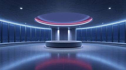 Blue Futuristic Hall with Circular Lights and Central Platform