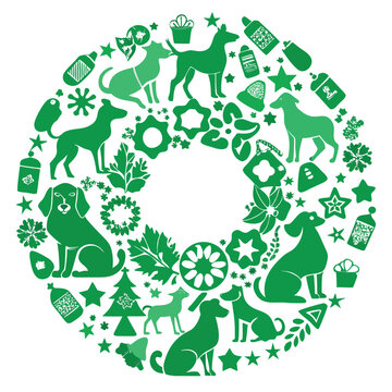 Festive dog wreath with holiday elements in green color isolated on