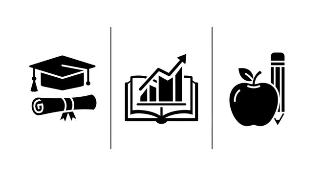 Education growth icons with diploma, graph, and apple in black and white silhouette style