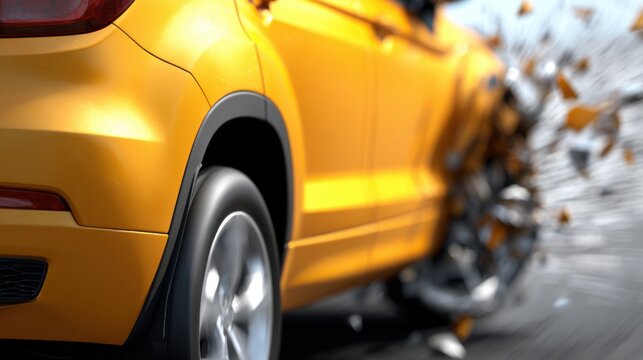 A dynamic image of a yellow car in motion, with debris scattering, suggesting speed and impact.