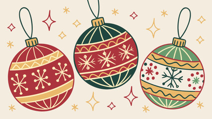 Illustration of three christmas ornaments with snowflakes and decorative elements on a light background