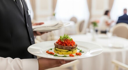 Professional waiter presents delicious appetizer at elegant restaurant event