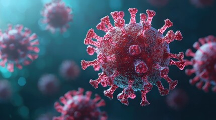 Microscopic view of red virus cells floating against a teal-colored background
