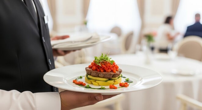 Professional waiter presents delicious appetizer at elegant restaurant event