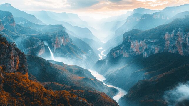 Misty canyon landscape, a river snakes through tall mountains with a waterfall on the left