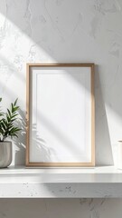 Blank wooden frame on a white shelf with a plant and sunlight.