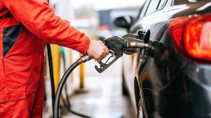Obraz premium A person in red overalls is refueling a black car at a gas station, highlighting the process of filling up fuel.
