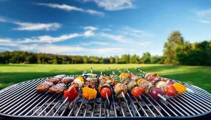 outdoor barbecue grilling skewers summer picnic with meat and vegetables on metal grill rack cooking delicious food meal preparation outside against a blue sky backyard grilling