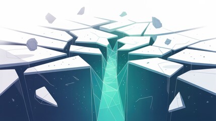 Dramatic abstract ice crack reveals glowing digital abyss, perfect for technology, science, or environmental themes