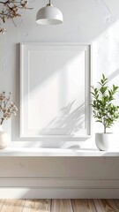 Empty white frame on a shelf with plants and natural light perfect for mockups and interior design concepts.