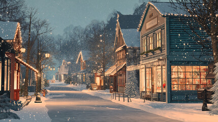 Winter christmas town street scene with snow and holiday lights image