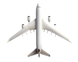 Top-down view of a white airplane on a black background
