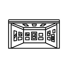 Line art icon of a modern art gallery interior with various framed exhibits on walls, representing culture and display
