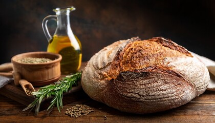 artisan bread selection on rustic wooden table with olive oil and fresh herbs showcasing a culinary scene perfect for food blogs and gastronomic publications creating a warm