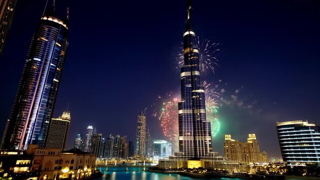 Night shot of a city skyline with a massive skyscraper and fireworks