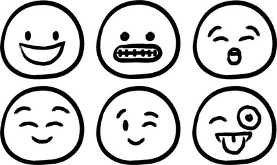 Set of six hand drawn cartoon egg faces with different funny and expressive emotions and expressions