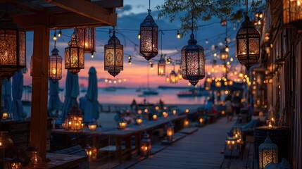 Beachfront dining at dusk with hanging lanterns and a vibrant sunset over the ocean