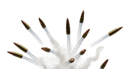 Ammunition projectiles exploding with white smoke trails, isolated on a transparent background, cutout, PNG