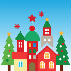 Christmas and New Year background with christmas houses and snowflakes