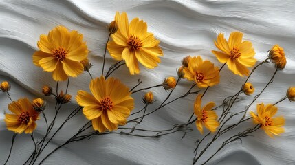Bright yellow flowers bloom gracefully against a textured white backdrop, stems reaching toward the soft light