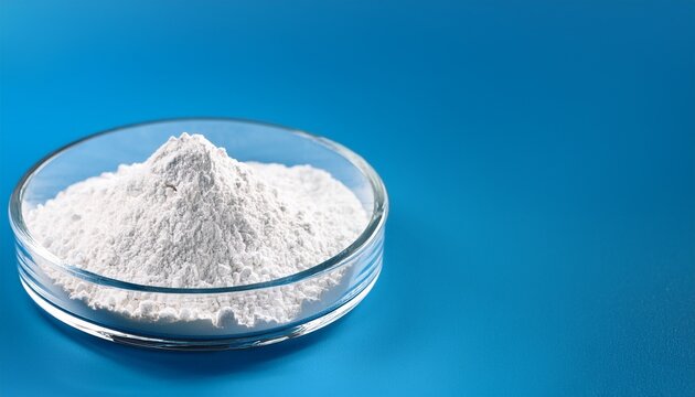 glass plate of white titanium dioxide powder on blue backdrop calcium carbonate magnesium