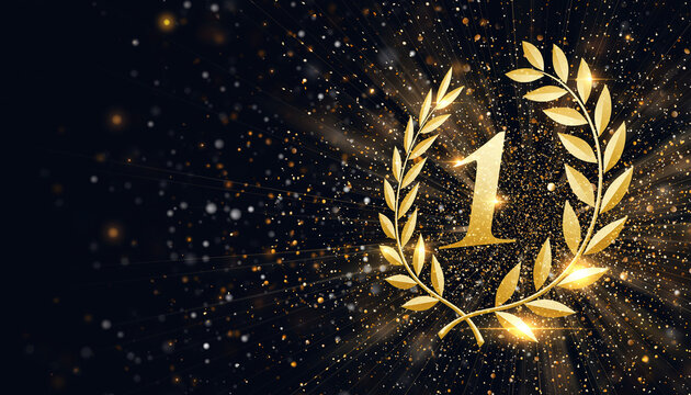 1st Place Award Golden Laurel Wreath and Explosion on Black Background　1位・1周年の豪華な背景　黒背景に金色の月桂冠と数字の1 デジタルイラスト