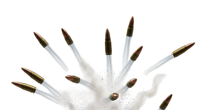 Ammunition projectiles exploding with white smoke trails, isolated on a transparent background, cutout, PNG