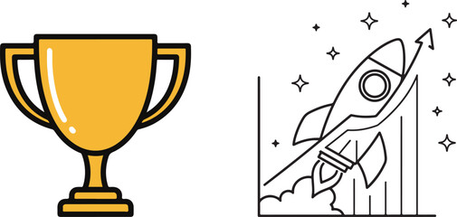 Golden Trophy and Rocket Launch Graphic on White