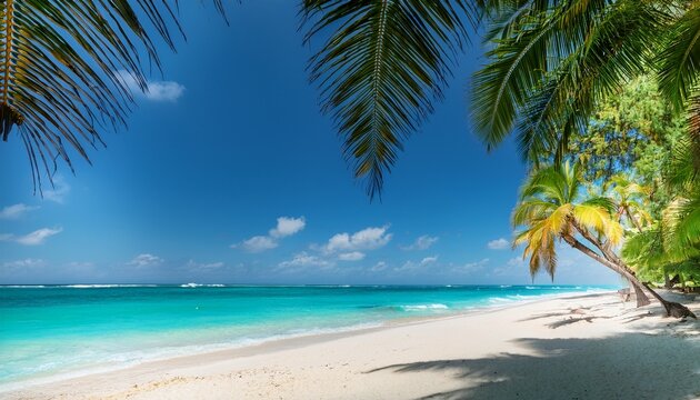 idyllic beach paradise retreat featuring white sand turquoise sea and palm tree canopy under a bright sky offering a serene summer escape and coastal vacation destination for