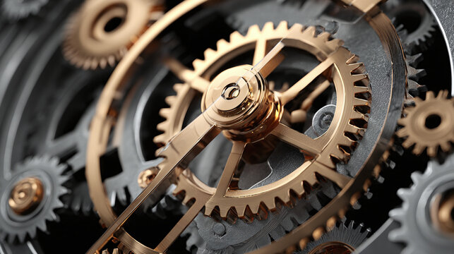 Intricate mechanical gears of a clock. The image captures the detail of the clock gears, with the brass components against the darker mechanisms