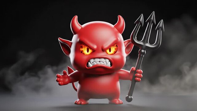 Cute Red Devil Character Holding Trident with Angry Expression and Smoke Background