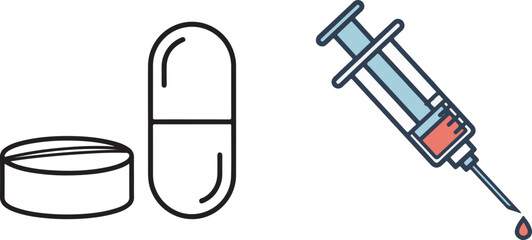 Simple Iconography of Pills and Syringe on White Background
