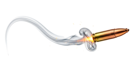 Copper bullet with smoke trail and sparks in motion, isolated on a transparent background, cutout, PNG