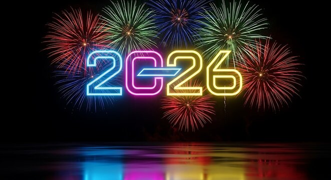 A vibrant 3d rendering of the year 2026 in neon lights against a backdrop of colorful fireworks, symbolizing celebration and new beginnings