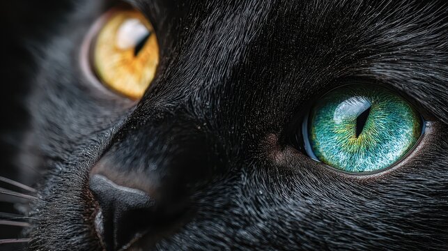 Close up of black cat with heterochromia, displaying one green and one orange eye