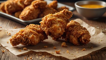 Crispy fried chicken close-up with golden crust and dipping sauce on rustic table