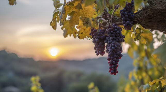 Sunset over a Piedmont vineyard with ripe nebbiolo grapes under golden hour light. inspiring travel planning, travel magazines, designed for travel destination branding, drives exploration.
